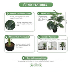 GARDEN GYANI Artificial Areca Palm Plant with Black Pot – 145 cm Tall Faux Tropical Decorative Plant with 35 Leaves for Home, Office & Living Room Décor