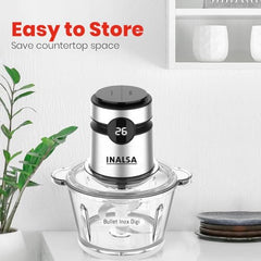 INALSA Electric Chopper For Kitchen With Digital Display|500 Watt Copper Motor|1.8 L Capacity Glass Bowl|Twin Blade Technology|2 Speed Settings|Onion,Vegetable Chopper,Meat Grinder (Bullet Inox Digi)