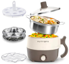 Nutripro Multipurpose Cook Kettle With 1.5L Stainless Steel Inner Pot, Steel (Cream & Brown, 600W)