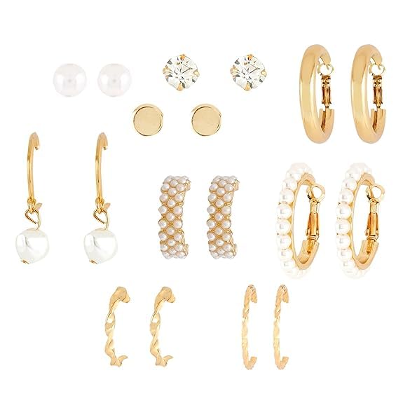SYGA Little Pearl Earrings Set of 9, Celebrity Inspired Latest Stylish Gold Plated Hoop and Crystal Pearl Stud Earrings for Women