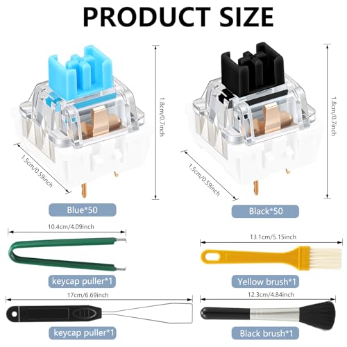 100 Pcs Mechanical Keyboard Switches with Remover Tool, 3 PIN Blue/Black Switch Replacement, Clicky Accurate Typing, Dustproof Keyboard Switch for Mechanical Gaming Keyboard (Blue+Black,100pcs)