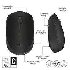 Logitech B170 USB Mouse,12-Months Battery Life, Ambidextrous, PC/Mac/Laptop - Black