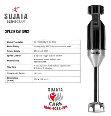 Sujata Blendcraft Hand Blender with Stainless Steel Blade, 180 Watts, 2-Speed Control, Black