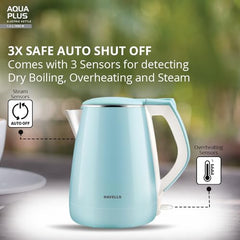 Havells Electric Kettle Altro 1250 Watts 1.5 liters, Double Layered Cool Touch Outer Body | 304 Rust Resistant SS Inner Body with Auto Shut Off | Wider Mouth | 2 Yr Manufacturer Warranty (Black)