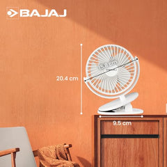 Bajaj Pygmy Mini Fan 110MM | USB Charging | Multi-Clip Function | Rechargeable | 4-Hr Back-up | Silent Operation | Longer Battery Life | Energy Efficient | Portable【White】