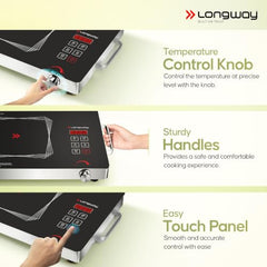 Longway Infralite Pro 2200W Infrared Hot Plate Cooktop with Steel Grill Rack, Crystal Glass Top, Touch Panel & Digital Display, 4 Preset Modes – Stir Fry, BBQ, Hot Pot & Steam, Black