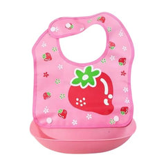 MOMISY Baby Bib For Newborn Waterproof Silicone Apron Wipeable Stain Resistant With pocket For 6 months and up (Pink-Strawberry)