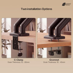 Green Soul Single Monitor Gas Spring Stand|Fits 13-32" Screen|9Kg Weight Capacity|Height Adjustable Desk Mount, VESA Plate, Grommet & C-Clamp Base|Monitor Riser for Desk|Tilt, Swivel & Rotation|Black
