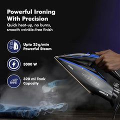 Havells Athena 3000 W Steam Iron with Smart i Sense Technology(No Fabric Burn), 2X Auto Shut Off, Vertical, Horizontal Ironing, Anti Drip, Self-Cleaning&Anti Scale Technology. (Black Blue), 3000 Watts