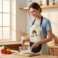 MOMISY Waterproof Kitchen Apron, Cooking Apron with Large Front Pocket, Cute Girl Print Design (OffWhite Black)