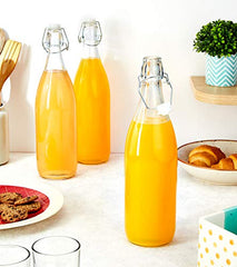 Amazon Brand - Solimo Silica Glass Bottle with Flip Cap, 1 Litre, Set of 4, Transparent