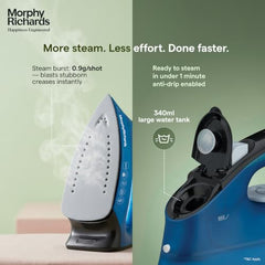 Morphy Richards Turbo Blaze 2400 Watts Steam Iron | 340 ml tank capacity with Anti Drip | Ceramic Coated Soleplate | Anti Calc and Safety Auto off function | Self-Cleaning | Blue and Black