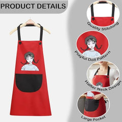 MOMISY Waterproof Kitchen Apron, Cooking Apron with Large Front Pocket, Cute Girl Print Design (Red Black)