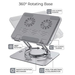 COOLCOLD Laptop Stand with Detachable Magnetic Dual Cooling Fans, 360° Rotating Base, Adjustable Height & Angle, Foldable Ergonomic Holder for Up to 14 Inch Laptops, MacBook, HP, Dell, Lenovo, Grey
