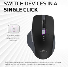 Amkette Hush Pro Epic M Rechargeable Wireless Mouse, Bluetooth Mouse | 3 Device Connectivity (2xBT&2.4G) with Top Mounted Device Switch Button, Silent Switches, Ergonomic Design, Upto 3200 DPI, Black