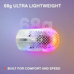 SteelSeries Aerox 3 Wireless Gen 2 - Ultralight 68g Gaming Mouse, 4K Polling, 26K DPI Optical Sensor, 200 Hours Battery Life, IP54, 80 Million Clicks, RGB, Pure PTFE Gliding Feet, Shadow