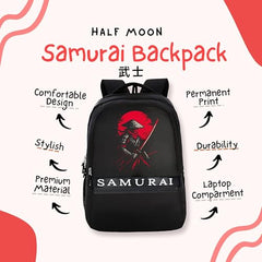 Half Moon Samurai Anime School Bags for Boys Men | Laptop Bag for Man | College Bag for Boys | Backpack Bag for Man Students use with Laptop Compartment & Small Pockets inside (Black & Red)