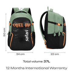 Safari Verge 2 37L Casual Printed Backpack, School Bag for Boys and Girls, Travel Bag for Men and Women, 3 Compartments, Raincover, Armour Base, Organiser, Bottle Holder, Front Pocket, Sage