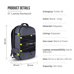 Gear Turbo 21"/45L Large Water Resistant Anti theft Laptop Backpack with Raincover | Backpack | Daypack |Briefcase | Travel Bag For Men/Women (Black - Grey)