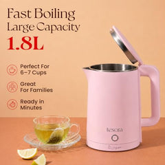 Tesora 1.8L Electric Kettle, 1500W,Stainless Steel Interior, 12 Recipe Book | Electric Water Boiler, Tea Maker, 1500W Fast Boiling, Cool-Touch Body, 360° Base, Auto Shut-Off, Boil-Dry Protection