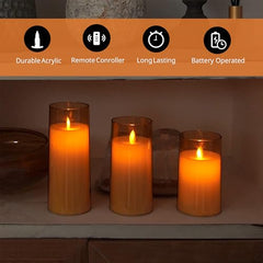 Flameless LED Pillar Candle Set of 2 | Acrylic Fiber Glass | Dancing Faux Wick | Remote Control with Battery Operated 3 AA | Home Décor & Gifting | 3" D x 6" H | Red