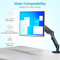 Portronics Aerolift Solo Gas Spring Monitor Arm, Desk Mount for 13–32 Inch Screens, VESA 75x75 & 100x100 mm, Full Motion Tilt/Swivel/Rotation, C-Clamp & Grommet Installation, Aluminium Build