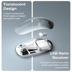 Zebronics Sheer Pro Wireless Mouse, Translucent Design, Up to 1600 DPI, Dual Mode 2.4GHz + BT, 4 Buttons, Type-C Rechargeable, Silent Clicks, USB Nano Receiver, Ergonomic Design (Blue)