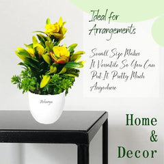 Asharya® Artificial Flower Plants for Home Décor – Set of 4 Mini Potted Plants (7 Inch) in White Pots | Pink, Yellow, Red & Blue Faux Flowers for Living Room, Office, Indoor Outdoor Decoration