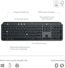Logitech MX Keys S Wireless Keyboard, Low Profile, Fluid Precise Quiet Typing, Programmable Keys, Backlighting, Bluetooth, USB C Rechargeable, for Windows PC, Linux, Chrome, Mac - Graphite