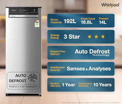 Whirlpool 192 L 3 Star Vitamagic PRO Frost Free Direct-Cool Single Door Refrigerator (215 VMPRO PRM 3S RADIANT STEEL-Z Fridge, Silver, Auto Defrost Technology)