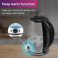 Wipro Elato 1.8 litre Glass LED electric Kettle with Keep warm Function | Auto cut off | Triple Protection - Dry Boil, Steam & Over Heat |Stainless Steel Inner Body | 1500 watts