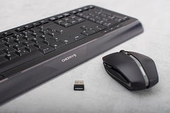 Cherry GENTIX Desktop, Wireless Keyboard & Mouse Combo, 2.4 GHz Connection, Integrated Wrist Rest, Symmetrical Mouse, Battery-Powered, QWERTY, Black