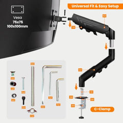 Dyazo Single Monitor Desk Mount Stand | Height Adjustable Fully Articulating Arm for 13–32 Inch Screens | VESA 75×75/100×100 Compatible | Tilt & Rotate Monitor Holder with C-Clamp/Grommet Base (Black)
