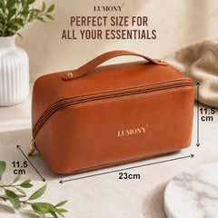 LUMONY® Makeup Pouch Bag Leather Large Capacity Travel Toiletries Organizer Cosmetic Bag with Handle and Divider Multifunctional Makeup Bag for Easy Access Waterproof (Brown)