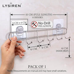 LYSIREN Door Hangers for Clothes, Hanger for Wall – Stainless Steel Bathroom Wall Hook with 6 Hooks, Self Adhesive Magic Sticker Door & Wall Hanger for Towel, Kitchen & Clothes, 5 Kg Capacity, Silver