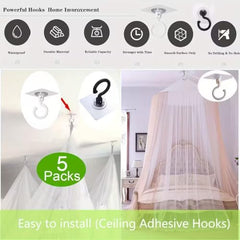 SHARUJA Heavy Duty 360° Rotating Self Adhesive Ceiling Hooks (Pack of 5) – No Drill, Waterproof Sticky Hooks for Hanging Plants, Wind Chimes, Lights & Mosquito Nets – Wall & Ceiling Mount Hooks (5)