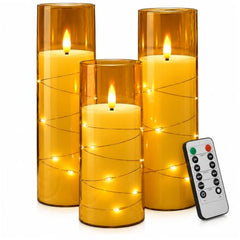 Flameless LED Pillar Candle Set of 2 | Acrylic Fiber Glass | Dancing Faux Wick | Remote Control with Battery Operated 3 AA | Home Décor & Gifting | 3" D x 6" H | Red