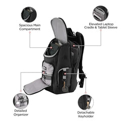 HARISSONS Teknos Business Travel Laptop Backpack | 35L | Fits 15.6” Laptop | 900D PU-Coated Polyester & Vegan Leather | Work, Travel & Commute | USB Port, Anti-Theft Pocket, Rain Cover (Black)