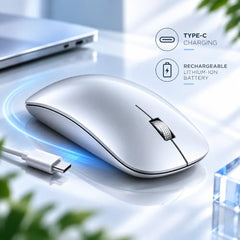 Offbeat - Atom Dual Bluetooth 5.1+5.1 & 2.4Ghz Wireless, Type-C Rechargeable 100 Hours Battery Silent Click Mouse, Triple Device connectivity Windows, Mac, iOS, Android (Silver)