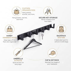 JAGGER JAG334 Wall Mounted Stainless Steel Wall Hooks for Hanging Cloth/Towel Hangers/Door Hangers/Hook Rail/Bthroom Hanger [ Combo Pack of 2 ] (Black, 6 PIN Hook)