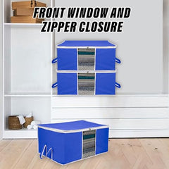 Kuber Industries Non-Woven Underbed Storage Bag|Clothes Storage Organizer|Blanket Cover With Clear Window|Zipper Closure&Handle Cloth Organizer|Plain White Border|Large|Pack Of 6|Royal Blue,32Cm,48Cm