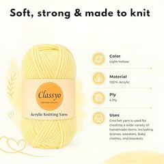 Classyo Acrylic Yarn for Crocheting (100gms x 1 Ball, 4ply) | Soft Wool Crochet Thread | Acrylic Hand Knitting Yarn | Wool for Crochet | For Sweater, Scarf, Hat, Baby Clothes, Purse, Gift Bags and DIY Crafts (Butter, Pack of 1)