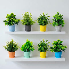 amazon basics Artificial Potted Plants, Artificial Plastic Eucalyptus Plants Small Indoor Potted Houseplants, Small Faux Plants for Home Decor Bathroom Office Farmhouse (Set of 8)