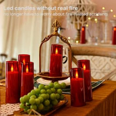 Flameless LED Pillar Candle Set of 2 | Acrylic Fiber Glass | Dancing Faux Wick | Remote Control with Battery Operated 3 AA | Home Décor & Gifting | 3" D x 6" H | Red