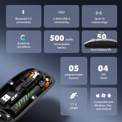 Acer Clearview Wireless Mouse, Dual Mode Bluetooth 5.2 & 2.4GHz, Rechargeable 500mAh Battery, RGB Lighting, 3200 DPI Adjustable, Silent Portable Mouse for Laptop, PC, Mac & Tablet, Blue