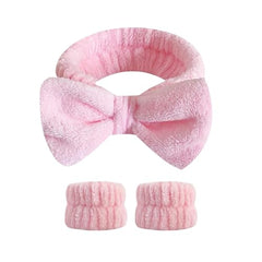 MOMISY Face Wash Headband and Wristband Setfor women ladies girls female, Stretchy Bowknot Design, Super Absorbent Flannel, for Face Washing, Makeup, Yoga (Pink, Free)