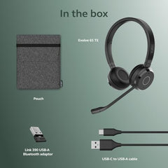 Jabra Evolve 65 TE MS Bluetooth Headset with Mic | Wireless Stereo Office Headphones | Teams Certified | USB-A Link 390 | Work from Home Headset for PC & Mobile.