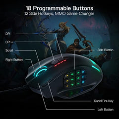 Redragon Impact M908 RGB LED MMO USB Mouse with Side Buttons Laser Wired Gaming Mouse with 12400 DPI, High Precision, 18 Programmable Mouse Buttons (Black)