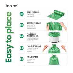 Tag On Garbage Bags | 300 Pcs | Medium - 19 x 21 Inches | 30 Bags x 10 Rolls | Green | Dustbin/Trash Bags with Detachable Drawstrings | For Dry & Wet Waste Garbage Bag