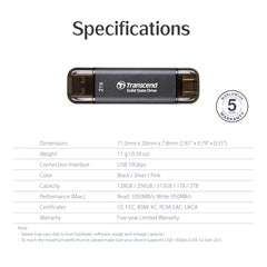 Transcend 310S 512GB USB C & USB A External Portable SSD, Up to 1,050 MB/s, 5 Yr Warranty, Silver, for iPhone 15 pro max, MacBook, Ipad, Laptop and Desktop